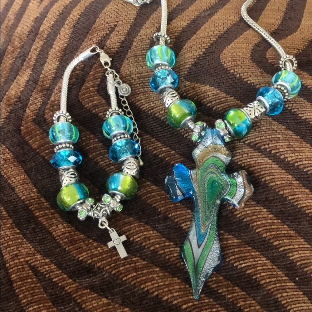 Hand crafted glass cross necklace and bracelet